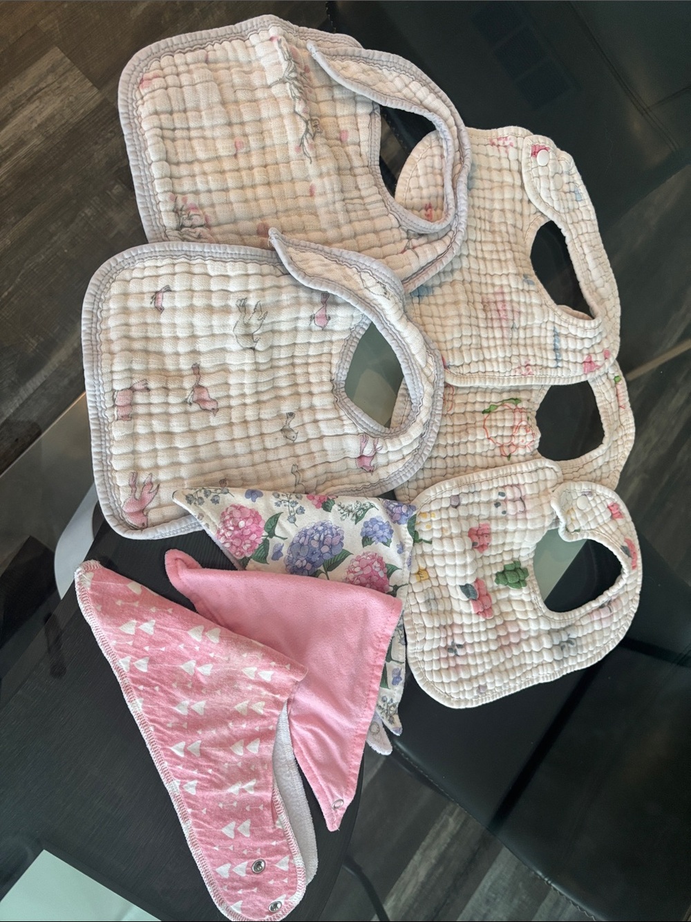 Pack of 5 Quilted White Baby Bibs with Pink Accents and 3 Pink Bandana Bibs